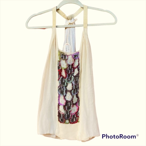 Upcycled Burning Torch Silk and Sequin Vintage Halter Top with Leather Straps - Picture 3 of 16